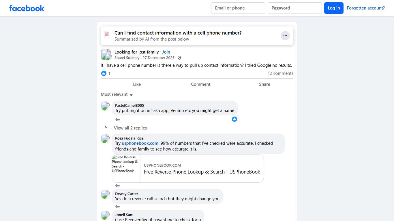 Looking for lost family If I have a cell phone number is there a way to pull up contact information Facebook